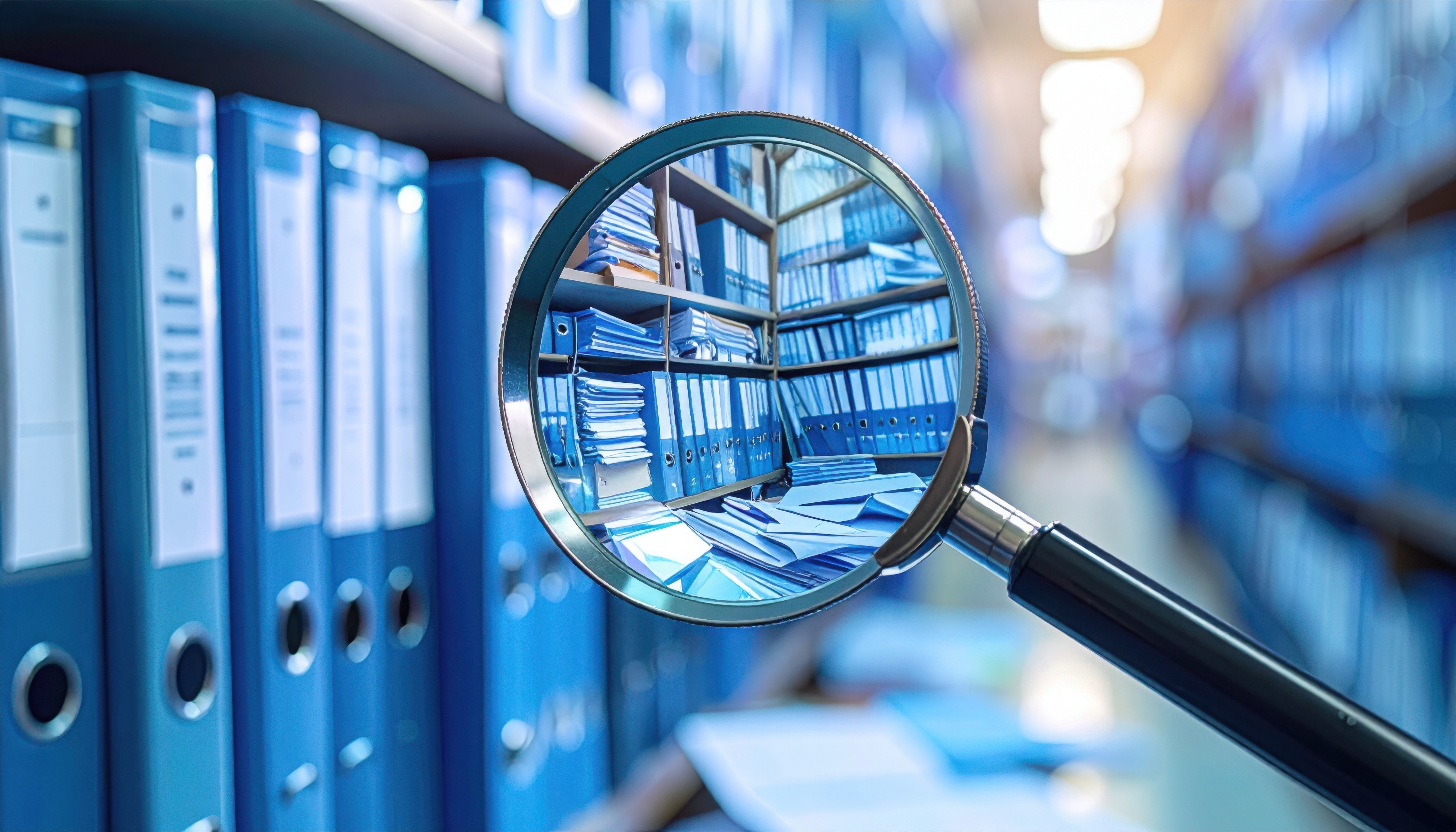 Magnifying glass focusing on blue archive binders symbolizing investigation, data search, and document organization for corporate compliance and transparency concept.