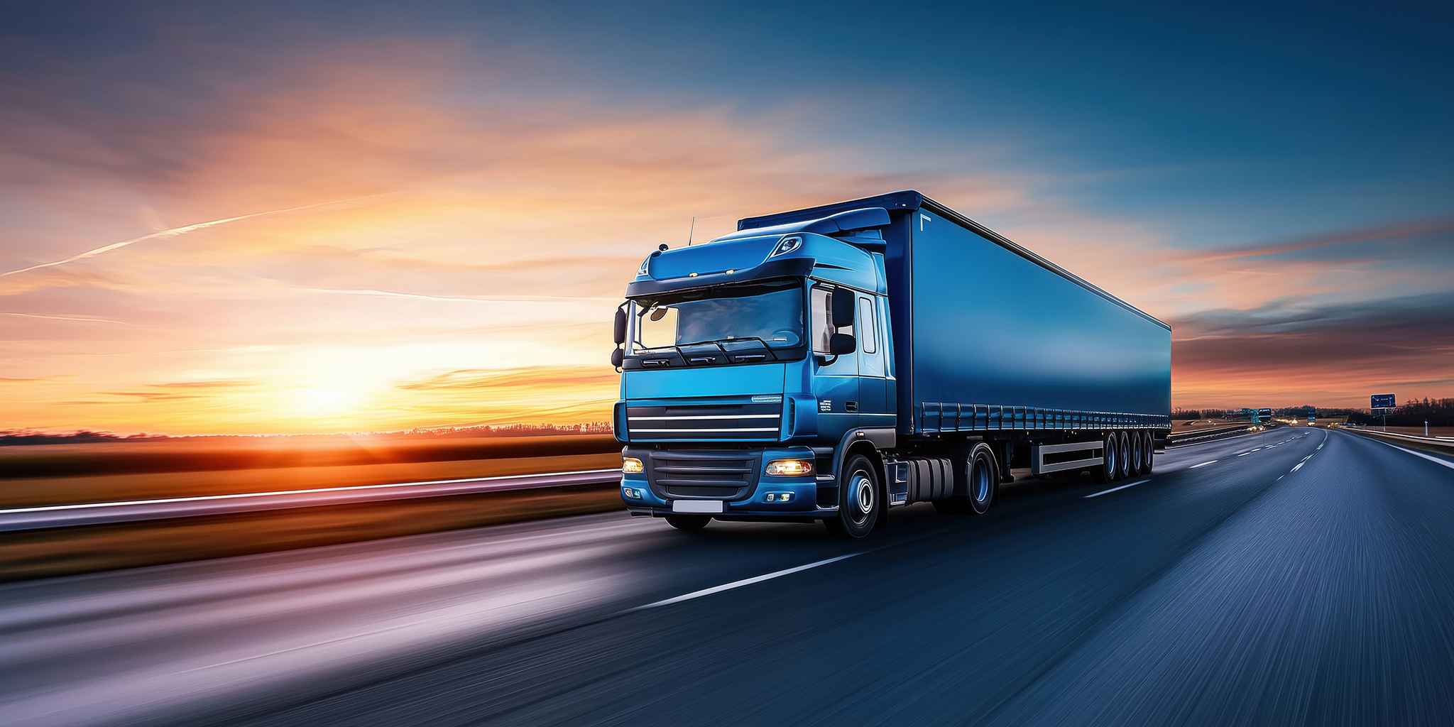 Blue truck driving on highway at sunset with vibrant sky and motion blur. AI generated