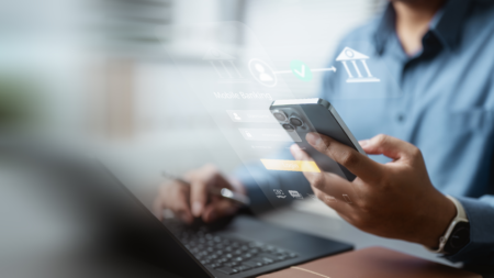 Online banking transfer money concept. Internet bank account deposit. Finance business. Financial deposit technology. smartphone application transfer deposit withdraw transection.
